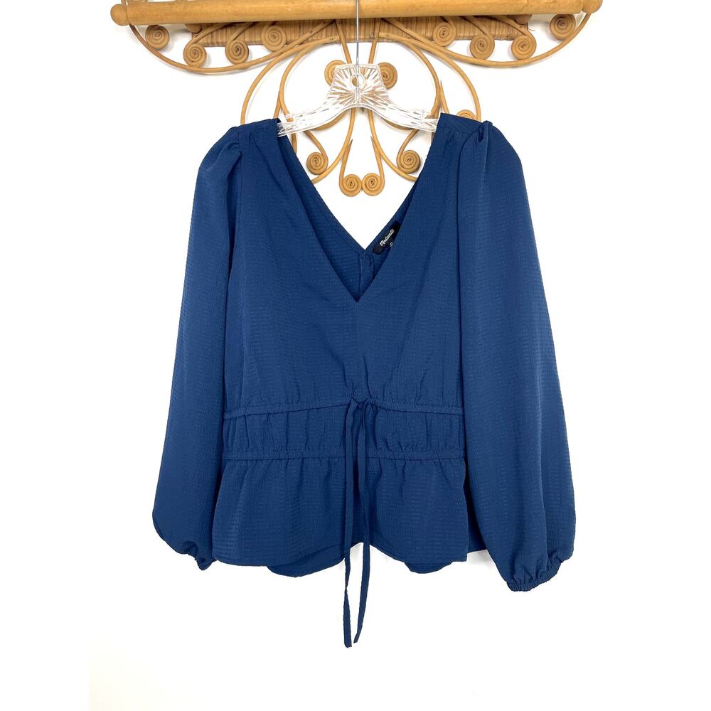 NEW Madewell Plus Seersucker V-Neck Peplum Top Blue XL - Picture 3 of 5